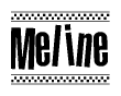 The clipart image displays the text Meline in a bold, stylized font. It is enclosed in a rectangular border with a checkerboard pattern running below and above the text, similar to a finish line in racing. 