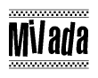 The image is a black and white clipart of the text Milada in a bold, italicized font. The text is bordered by a dotted line on the top and bottom, and there are checkered flags positioned at both ends of the text, usually associated with racing or finishing lines.