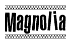 The image contains the text Magnolia in a bold, stylized font, with a checkered flag pattern bordering the top and bottom of the text.