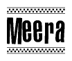 The image contains the text Meera in a bold, stylized font, with a checkered flag pattern bordering the top and bottom of the text.