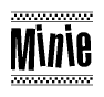The clipart image displays the text Minie in a bold, stylized font. It is enclosed in a rectangular border with a checkerboard pattern running below and above the text, similar to a finish line in racing. 