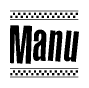 The clipart image displays the text Manu in a bold, stylized font. It is enclosed in a rectangular border with a checkerboard pattern running below and above the text, similar to a finish line in racing. 