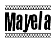 The image contains the text Mayela in a bold, stylized font, with a checkered flag pattern bordering the top and bottom of the text.