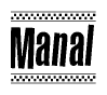 The image contains the text Manal in a bold, stylized font, with a checkered flag pattern bordering the top and bottom of the text.