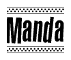 The image is a black and white clipart of the text Manda in a bold, italicized font. The text is bordered by a dotted line on the top and bottom, and there are checkered flags positioned at both ends of the text, usually associated with racing or finishing lines.