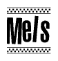 The image contains the text Mels in a bold, stylized font, with a checkered flag pattern bordering the top and bottom of the text.