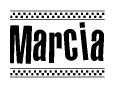 The clipart image displays the text Marcia in a bold, stylized font. It is enclosed in a rectangular border with a checkerboard pattern running below and above the text, similar to a finish line in racing. 