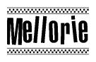 The clipart image displays the text Mellorie in a bold, stylized font. It is enclosed in a rectangular border with a checkerboard pattern running below and above the text, similar to a finish line in racing. 