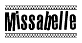 The image contains the text Missabelle in a bold, stylized font, with a checkered flag pattern bordering the top and bottom of the text.