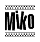 The image is a black and white clipart of the text Miko in a bold, italicized font. The text is bordered by a dotted line on the top and bottom, and there are checkered flags positioned at both ends of the text, usually associated with racing or finishing lines.