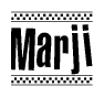 The image contains the text Marji in a bold, stylized font, with a checkered flag pattern bordering the top and bottom of the text.