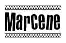 The image contains the text Marcene in a bold, stylized font, with a checkered flag pattern bordering the top and bottom of the text.