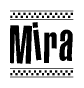 The image contains the text Mira in a bold, stylized font, with a checkered flag pattern bordering the top and bottom of the text.