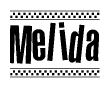 The clipart image displays the text Melida in a bold, stylized font. It is enclosed in a rectangular border with a checkerboard pattern running below and above the text, similar to a finish line in racing. 