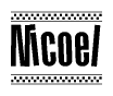 The image contains the text Nicoel in a bold, stylized font, with a checkered flag pattern bordering the top and bottom of the text.