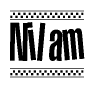 The image contains the text Nilam in a bold, stylized font, with a checkered flag pattern bordering the top and bottom of the text.