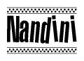 The image contains the text Nandini in a bold, stylized font, with a checkered flag pattern bordering the top and bottom of the text.