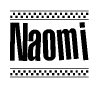 The image contains the text Naomi in a bold, stylized font, with a checkered flag pattern bordering the top and bottom of the text.