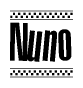 The image is a black and white clipart of the text Nuno in a bold, italicized font. The text is bordered by a dotted line on the top and bottom, and there are checkered flags positioned at both ends of the text, usually associated with racing or finishing lines.