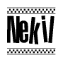 The image is a black and white clipart of the text Nekil in a bold, italicized font. The text is bordered by a dotted line on the top and bottom, and there are checkered flags positioned at both ends of the text, usually associated with racing or finishing lines.