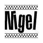 The image is a black and white clipart of the text Nigel in a bold, italicized font. The text is bordered by a dotted line on the top and bottom, and there are checkered flags positioned at both ends of the text, usually associated with racing or finishing lines.