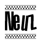 The image is a black and white clipart of the text Neuz in a bold, italicized font. The text is bordered by a dotted line on the top and bottom, and there are checkered flags positioned at both ends of the text, usually associated with racing or finishing lines.