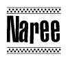 The image is a black and white clipart of the text Naree in a bold, italicized font. The text is bordered by a dotted line on the top and bottom, and there are checkered flags positioned at both ends of the text, usually associated with racing or finishing lines.