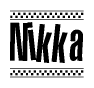The image is a black and white clipart of the text Nikka in a bold, italicized font. The text is bordered by a dotted line on the top and bottom, and there are checkered flags positioned at both ends of the text, usually associated with racing or finishing lines.