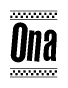 The clipart image displays the text Ona in a bold, stylized font. It is enclosed in a rectangular border with a checkerboard pattern running below and above the text, similar to a finish line in racing. 