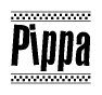 The image is a black and white clipart of the text Pippa in a bold, italicized font. The text is bordered by a dotted line on the top and bottom, and there are checkered flags positioned at both ends of the text, usually associated with racing or finishing lines.