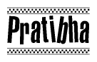 The image contains the text Pratibha in a bold, stylized font, with a checkered flag pattern bordering the top and bottom of the text.