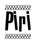 The image contains the text Piri in a bold, stylized font, with a checkered flag pattern bordering the top and bottom of the text.