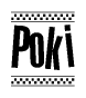 The image contains the text Poki in a bold, stylized font, with a checkered flag pattern bordering the top and bottom of the text.
