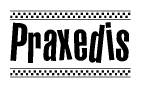 The clipart image displays the text Praxedis in a bold, stylized font. It is enclosed in a rectangular border with a checkerboard pattern running below and above the text, similar to a finish line in racing. 
