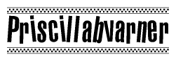 The image is a black and white clipart of the text Priscillabvarner in a bold, italicized font. The text is bordered by a dotted line on the top and bottom, and there are checkered flags positioned at both ends of the text, usually associated with racing or finishing lines.