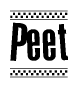 The clipart image displays the text Peet in a bold, stylized font. It is enclosed in a rectangular border with a checkerboard pattern running below and above the text, similar to a finish line in racing. 