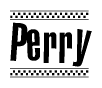 The image contains the text Perry in a bold, stylized font, with a checkered flag pattern bordering the top and bottom of the text.