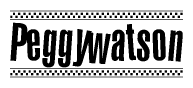 The image is a black and white clipart of the text Peggywatson in a bold, italicized font. The text is bordered by a dotted line on the top and bottom, and there are checkered flags positioned at both ends of the text, usually associated with racing or finishing lines.