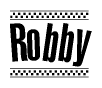 The image contains the text Robby in a bold, stylized font, with a checkered flag pattern bordering the top and bottom of the text.