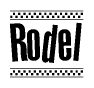 The image contains the text Rodel in a bold, stylized font, with a checkered flag pattern bordering the top and bottom of the text.