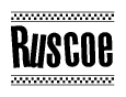 The image contains the text Ruscoe in a bold, stylized font, with a checkered flag pattern bordering the top and bottom of the text.