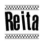 The clipart image displays the text Reita in a bold, stylized font. It is enclosed in a rectangular border with a checkerboard pattern running below and above the text, similar to a finish line in racing. 