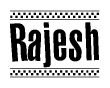 The clipart image displays the text Rajesh in a bold, stylized font. It is enclosed in a rectangular border with a checkerboard pattern running below and above the text, similar to a finish line in racing. 