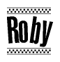 The clipart image displays the text Roby in a bold, stylized font. It is enclosed in a rectangular border with a checkerboard pattern running below and above the text, similar to a finish line in racing. 