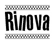 The clipart image displays the text Rinova in a bold, stylized font. It is enclosed in a rectangular border with a checkerboard pattern running below and above the text, similar to a finish line in racing. 