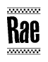 The image contains the text Rae in a bold, stylized font, with a checkered flag pattern bordering the top and bottom of the text.