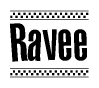 The image contains the text Ravee in a bold, stylized font, with a checkered flag pattern bordering the top and bottom of the text.