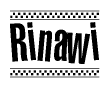 The image is a black and white clipart of the text Rinawi in a bold, italicized font. The text is bordered by a dotted line on the top and bottom, and there are checkered flags positioned at both ends of the text, usually associated with racing or finishing lines.