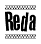 The image contains the text Reda in a bold, stylized font, with a checkered flag pattern bordering the top and bottom of the text.