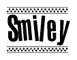The image is a black and white clipart of the text Smiley in a bold, italicized font. The text is bordered by a dotted line on the top and bottom, and there are checkered flags positioned at both ends of the text, usually associated with racing or finishing lines.